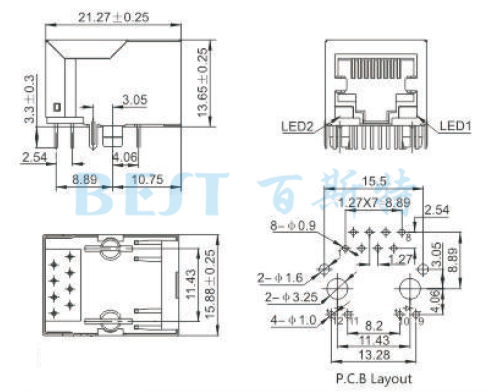 RJ45插座5921S-LED 8P8C參考圖紙 RJ45插座5921S-LED 8P8C參考圖紙