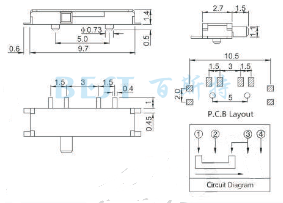 微型撥動開關(guān)MSS-22C08參考圖紙 微型撥動開關(guān)MSS-22C08參考圖紙