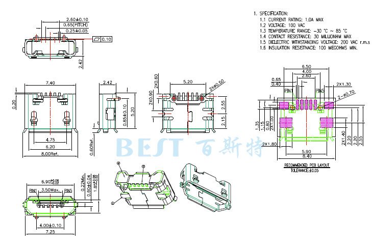 USB插座USB-MC-001-04參考圖紙 USB插座USB-MC-001-04參考圖紙